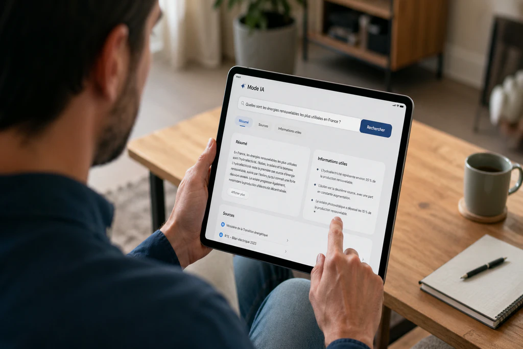 Un assistant web fait une recherche avec AI Mode