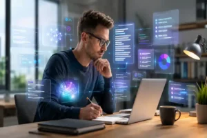 Un rédacteur web entouré des outils IA pour écrire efficacement pour le web